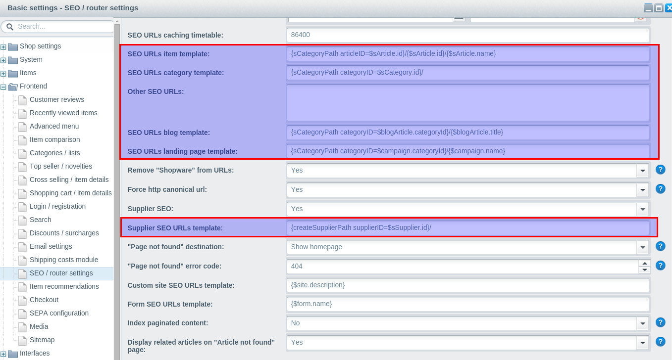 Shopware's seo settings