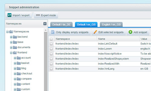 Backend snippet administration