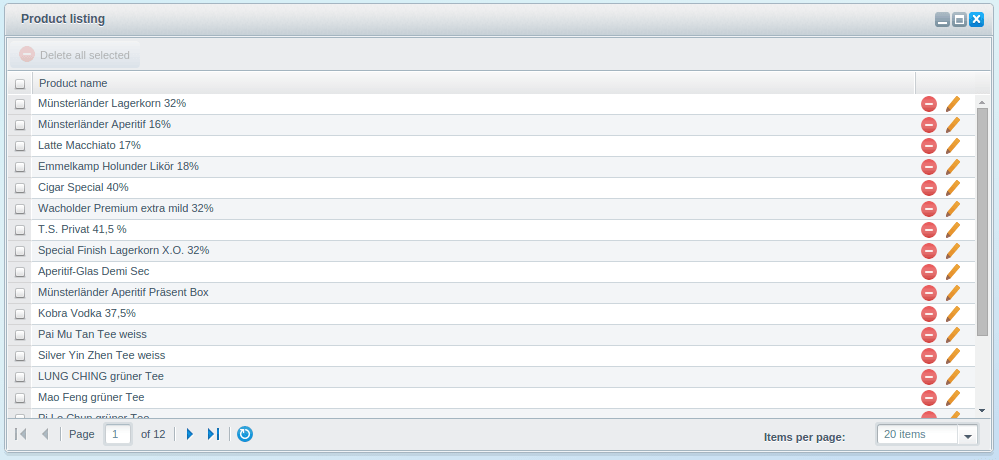 Product listing with delete button