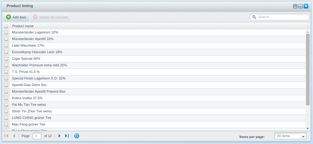 Product listing with hidden action column