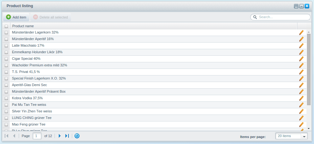 Product listing with hidden delete column