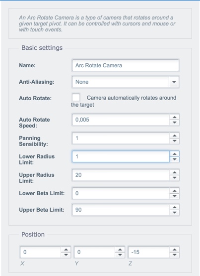 Arc Rotate camera settings