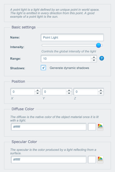 Point light settings